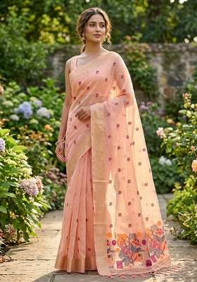 Peach Zari Weaving Linen Saree Set for Diwali | Wedding & Festive Wear