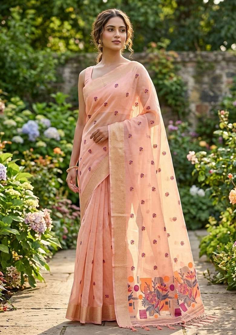 Peach Zari Weaving Linen Saree Set for Diwali | Wedding & Festive Wear - Indya
