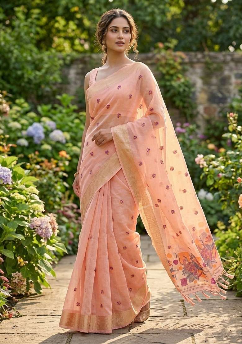 Peach Zari Weaving Linen Saree Set for Diwali | Wedding & Festive Wear - Indya