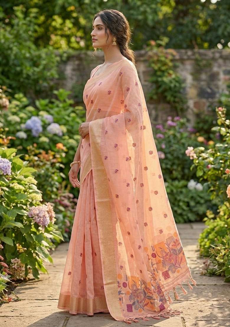 Peach Zari Weaving Linen Saree Set for Diwali | Wedding & Festive Wear - Indya