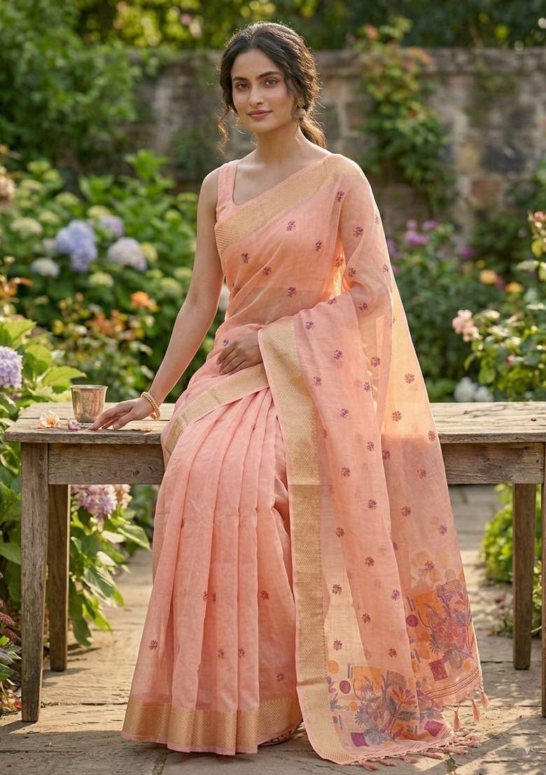 Peach Zari Weaving Linen Saree Set for Diwali | Wedding & Festive Wear - Indya