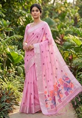 Pink Zari Weaving Linen Saree Set