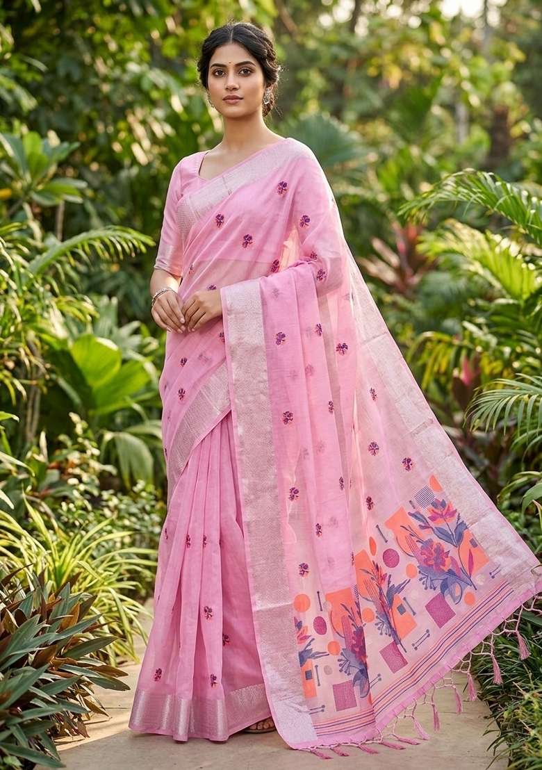 Pink Zari Weaving Linen Saree Set for Diwali | Wedding & Festive Wear - Indya