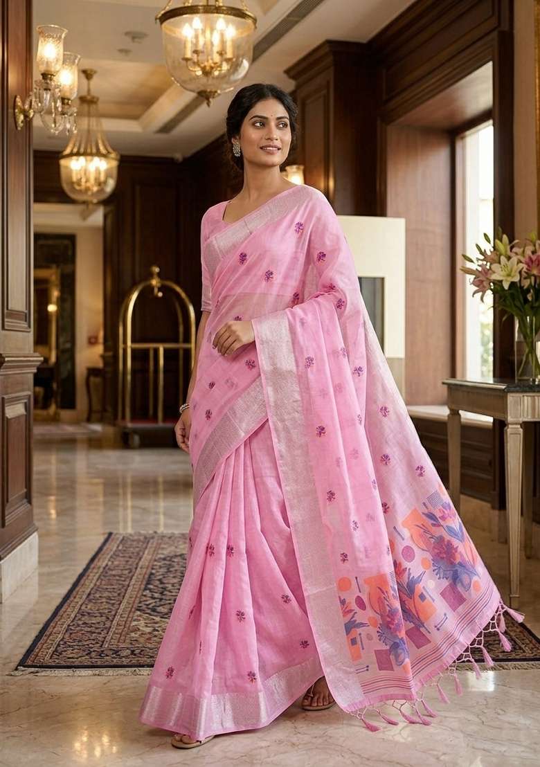 Pink Zari Weaving Linen Saree Set for Diwali | Wedding & Festive Wear - Indya