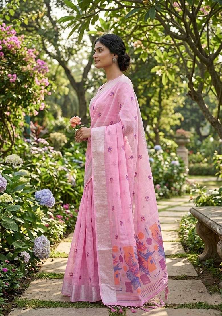 Pink Zari Weaving Linen Saree Set for Diwali | Wedding & Festive Wear - Indya