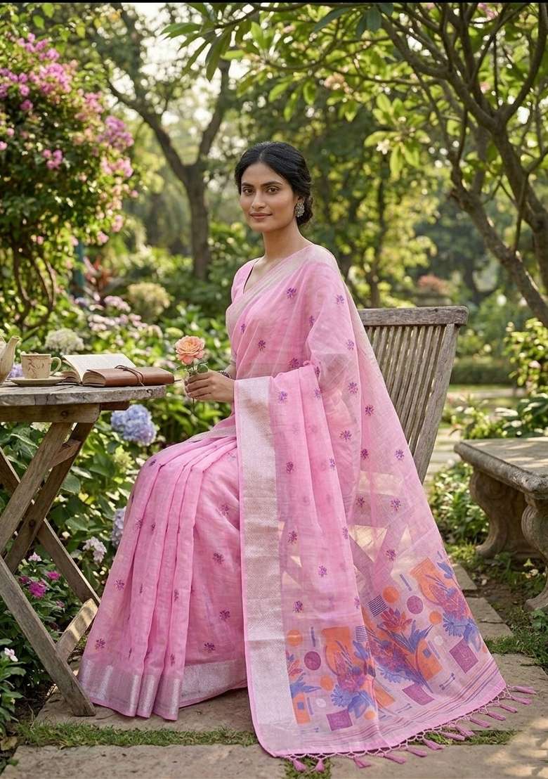Pink Zari Weaving Linen Saree Set for Diwali | Wedding & Festive Wear - Indya