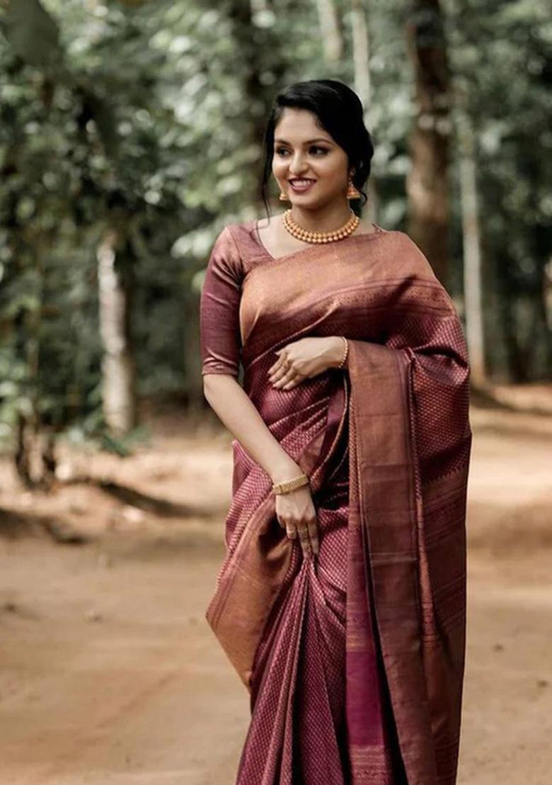 Maroon Zari Weaving Silk Saree Set - Indya