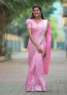 Pink Zari Weaving Silk Saree Set