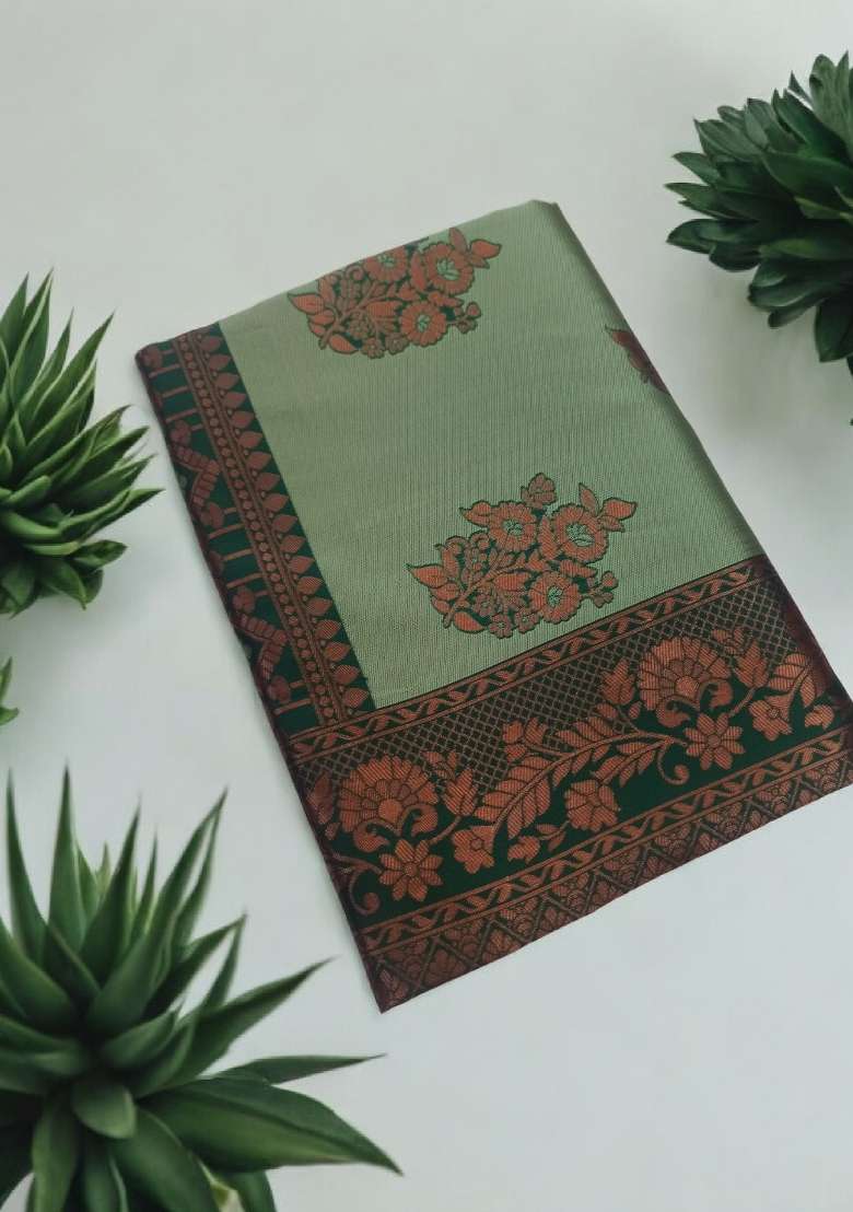 Light Green Zari Weaving Silk Saree Set for Diwali and Festive Wear - Indya