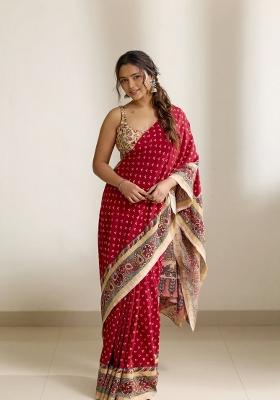 Red Printed Linen Saree Set