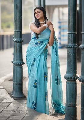 Sky Blue Printed Linen Saree Set