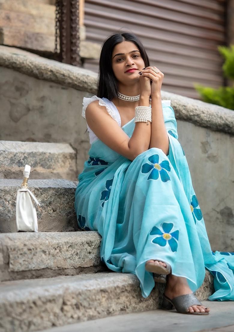 Sky Blue Printed Linen Saree Set - Indya