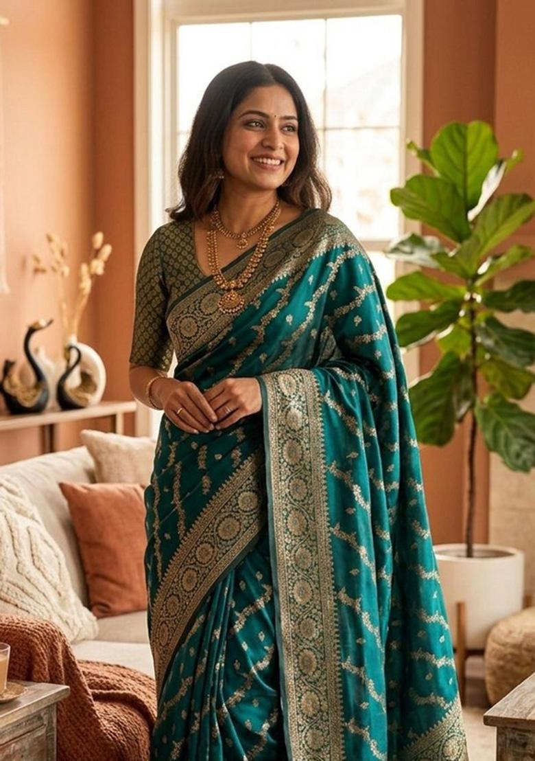 Rama Zari Weaving Banarasi Saree Set - Indya