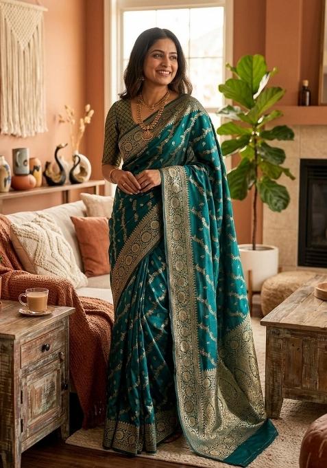 Rama Zari Weaving Banarasi Saree Set