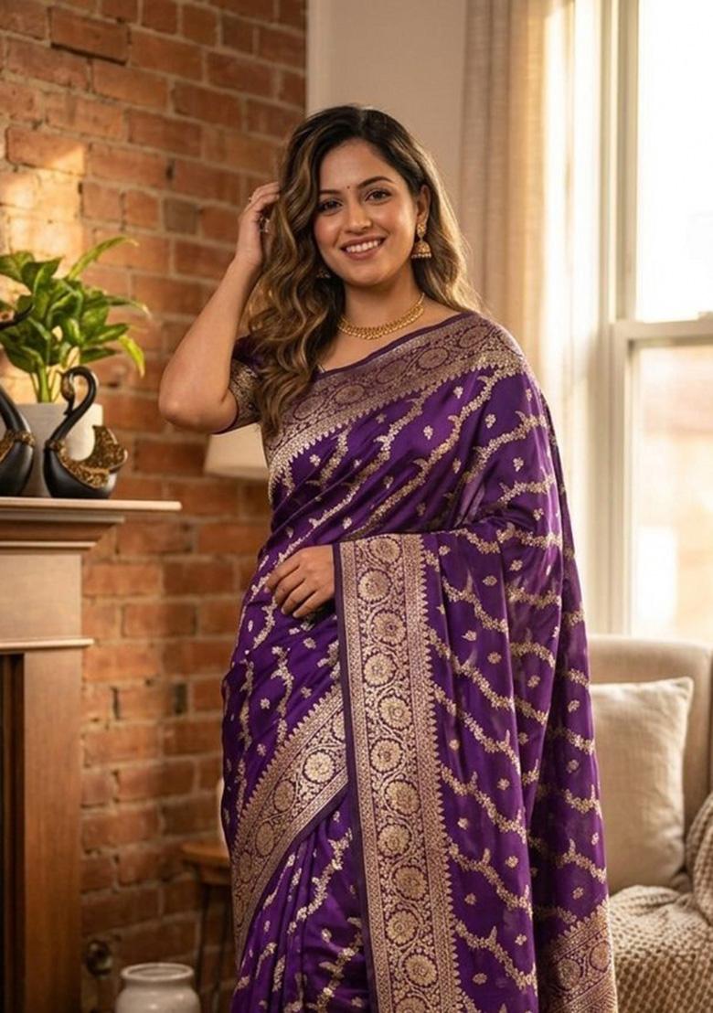 Purple Zari Weaving Banarasi Saree Set - Indya