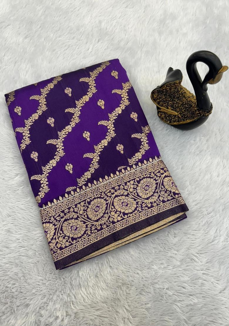Purple Zari Weaving Banarasi Saree Set - Indya