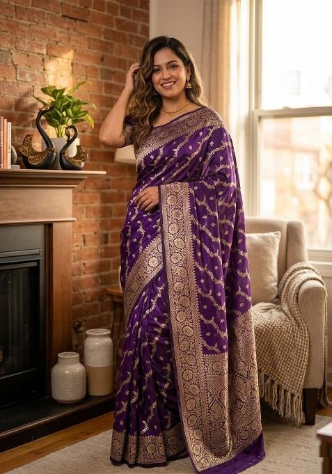 Purple Zari Weaving Banarasi Saree Set