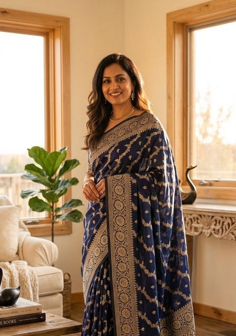 Blue Zari Weaving Banarasi Saree Set - Indya