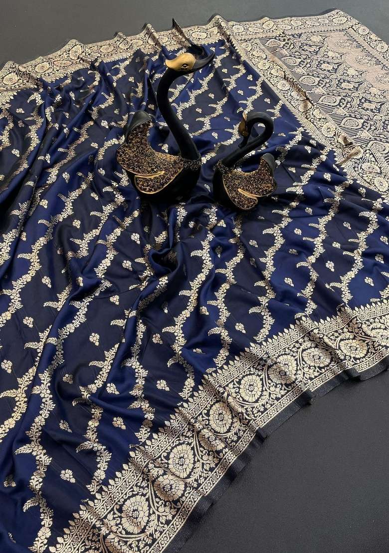 Blue Zari Weaving Banarasi Saree Set for Diwali | Wedding & Festive Wear - Indya