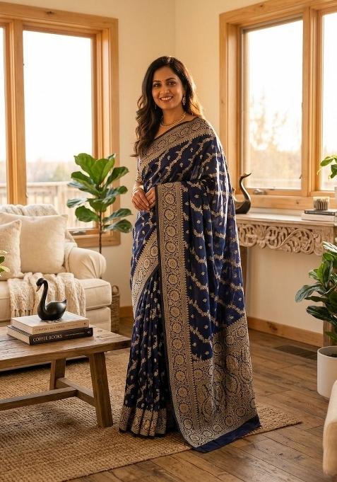 Blue Zari Weaving Banarasi Saree Set