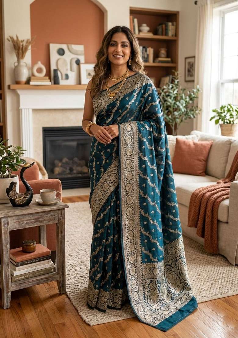 Teal Zari Weaving Banarasi Saree Set for Diwali and Festive Wear - Indya