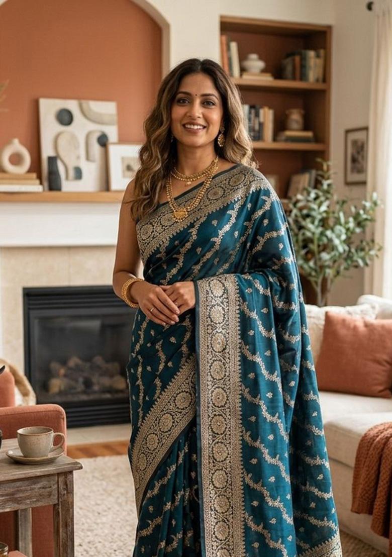 Teal Zari Weaving Banarasi Saree Set - Indya