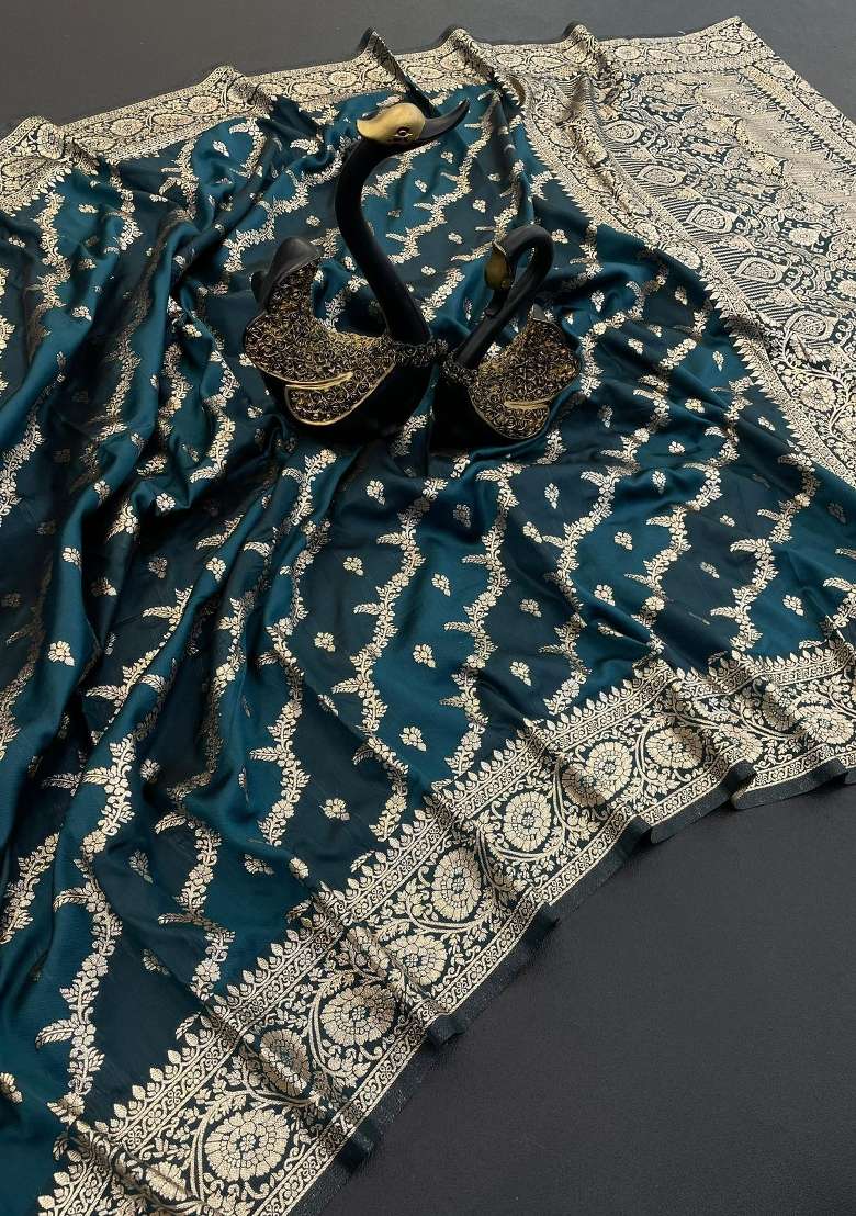 Teal Zari Weaving Banarasi Saree Set for Diwali and Festive Wear - Indya