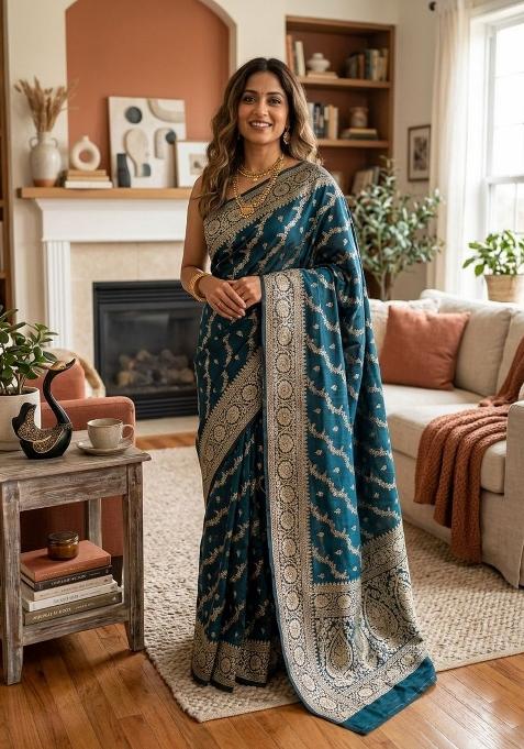 Teal Zari Weaving Banarasi Saree Set