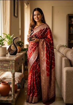 Red Zari Weaving Banarasi Saree Set