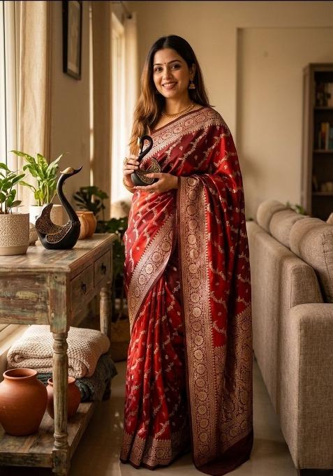 Red Zari Weaving Banarasi Saree Set