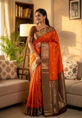Orange Zari Weaving Silk Saree Set