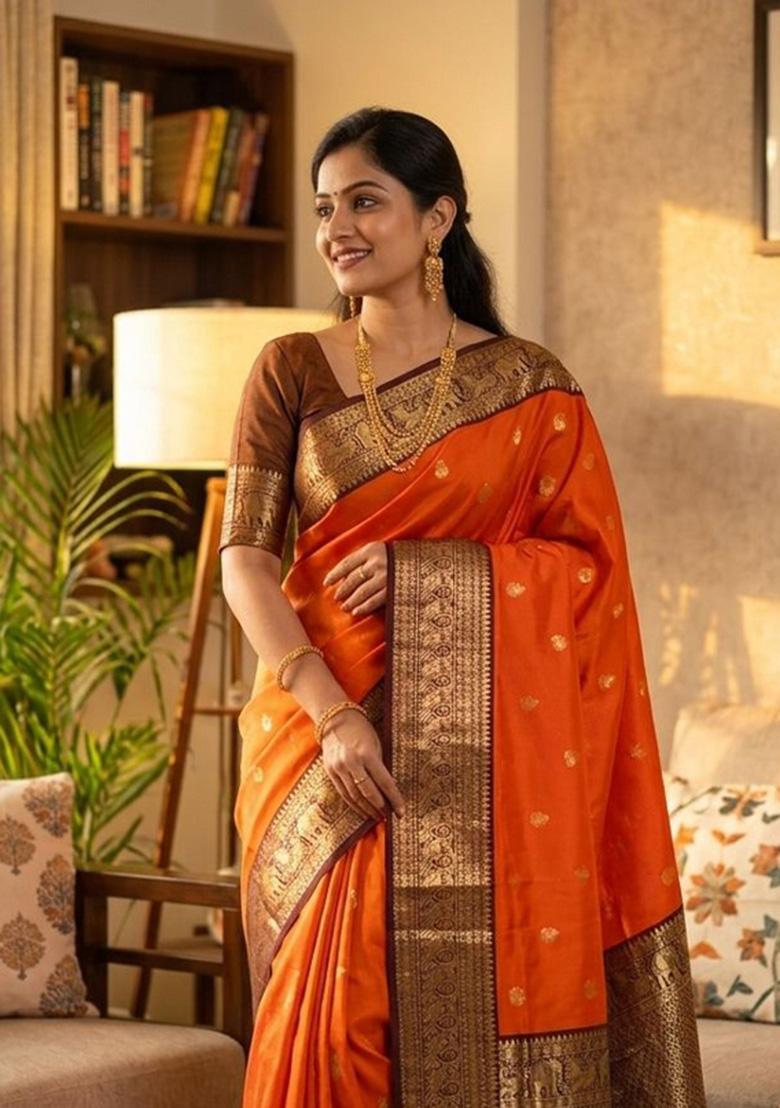Orange Zari Weaving Silk Saree Set - Indya