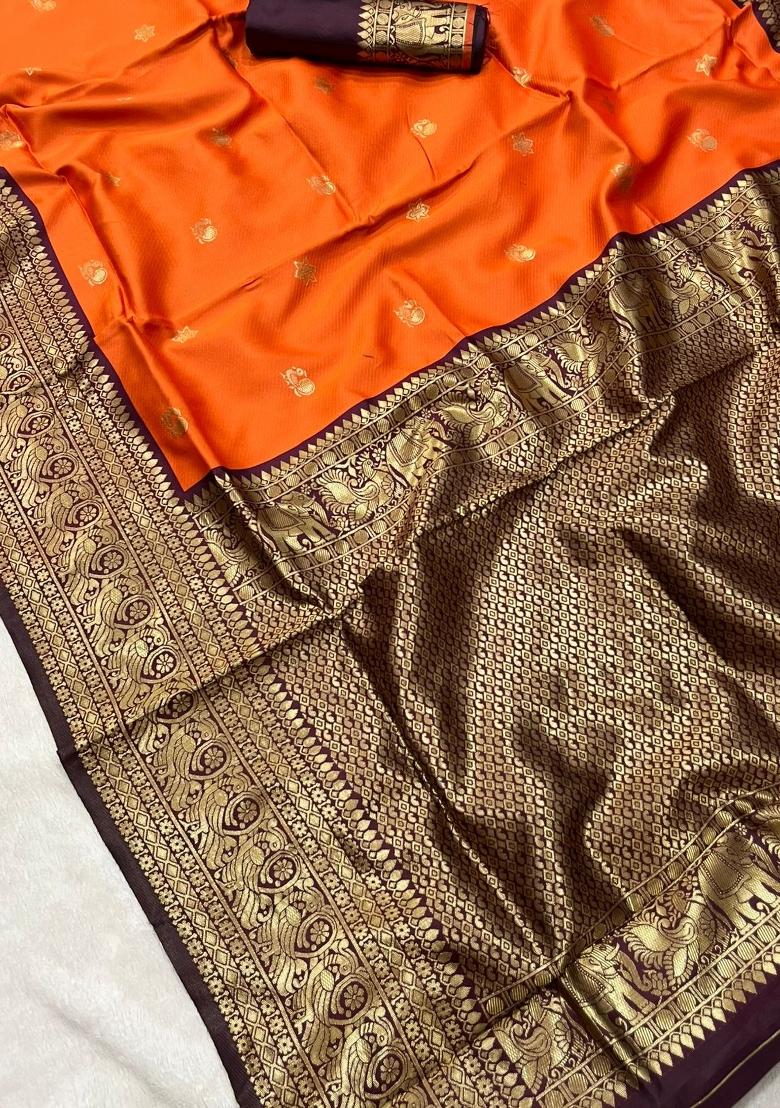 Orange Zari Weaving Silk Saree Set - Indya