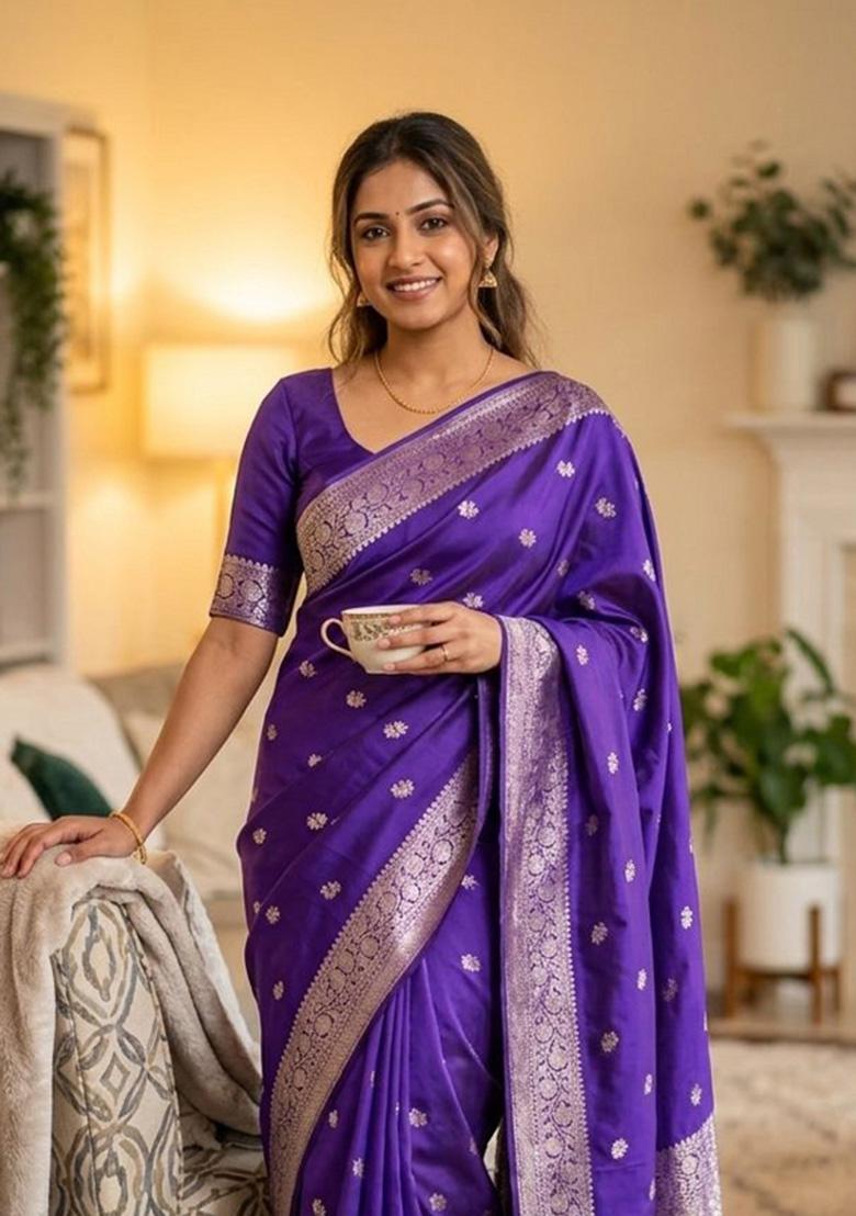 Royal Blue Zari Weaving Silk Saree Set - Indya
