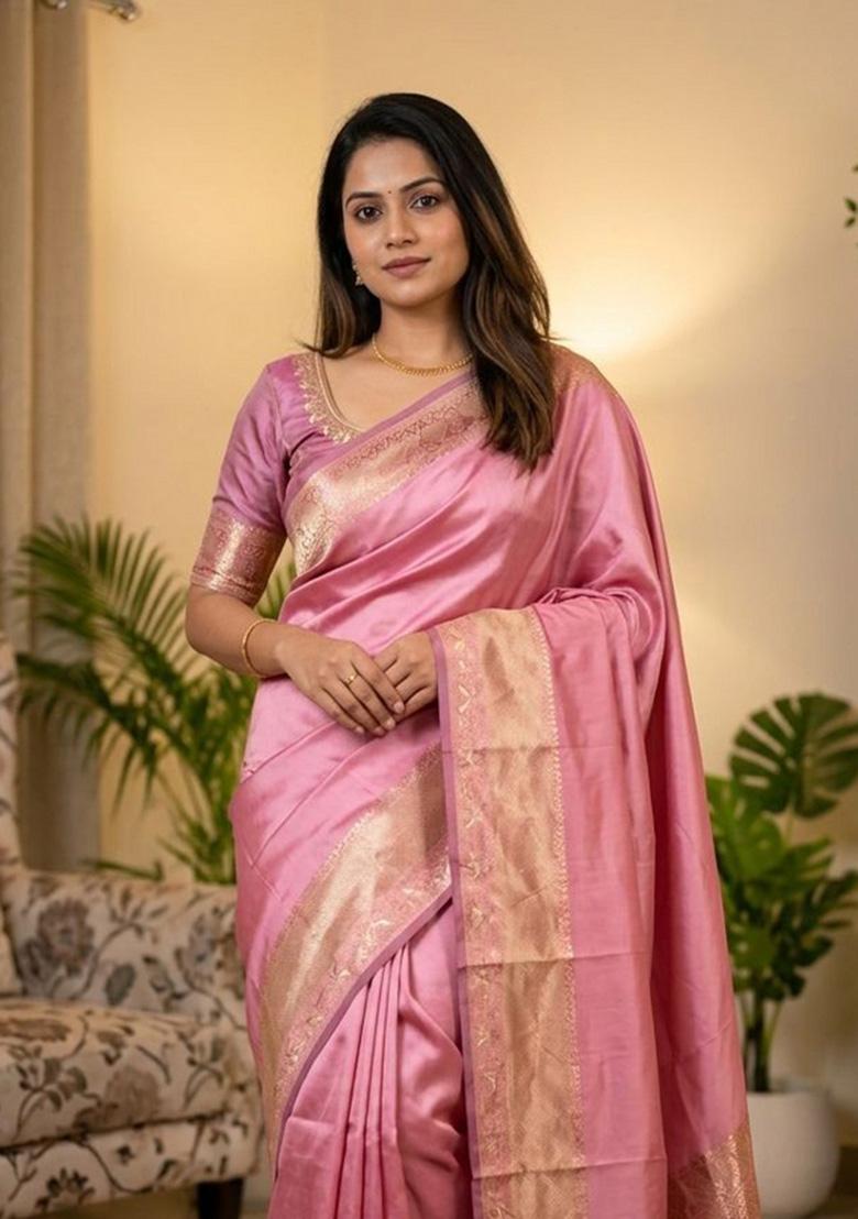 Pink Zari Weaving Silk Saree Set - Indya