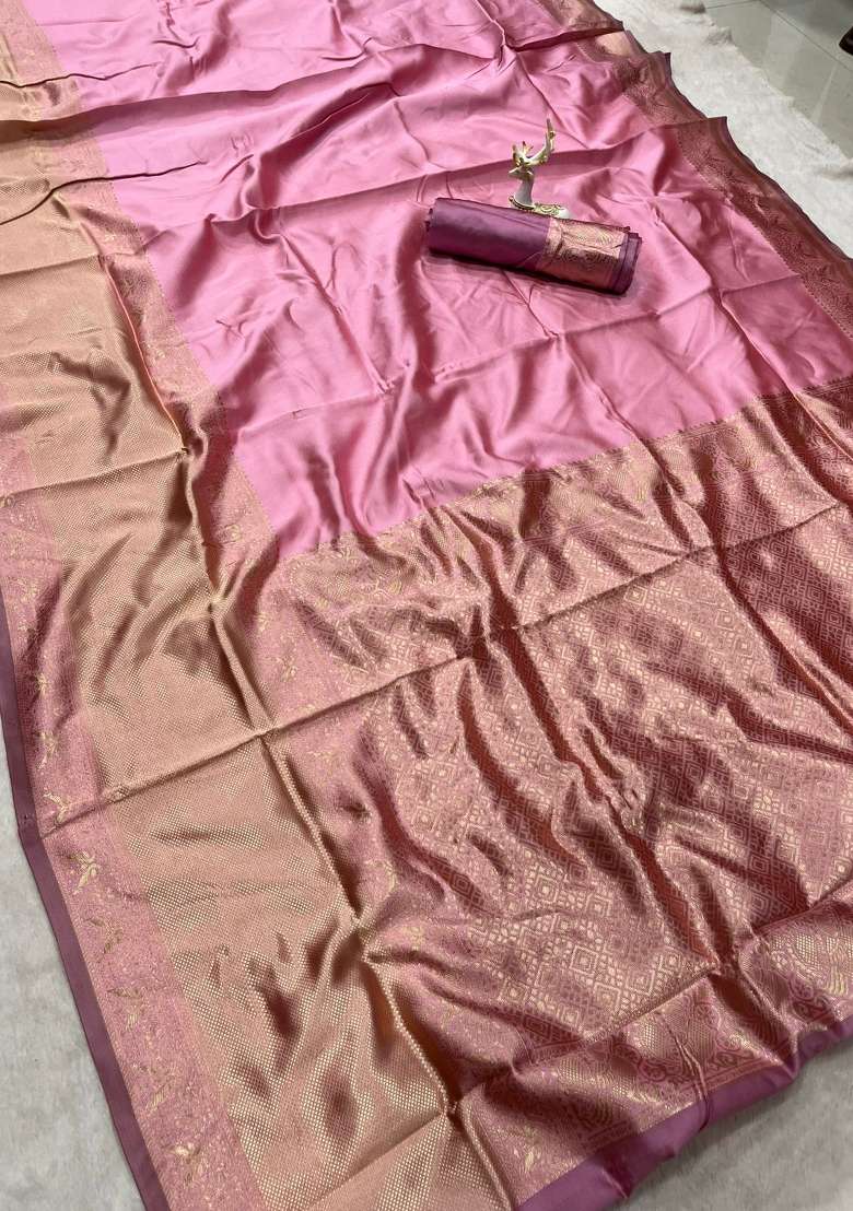 Pink Zari Weaving Silk Saree Set for Diwali and Festive Wear - Indya