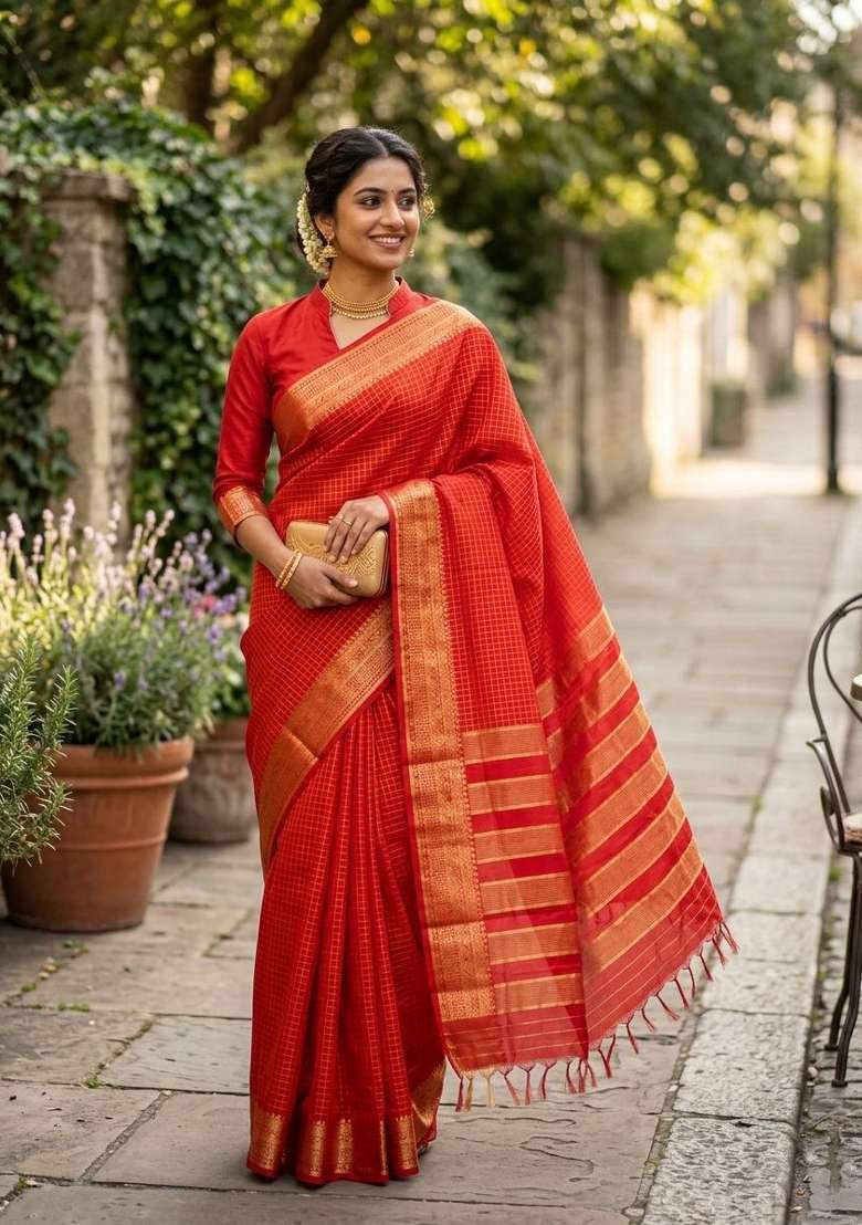Red Zari Weaving Silk Saree Set for Diwali and Festive Wear - Indya