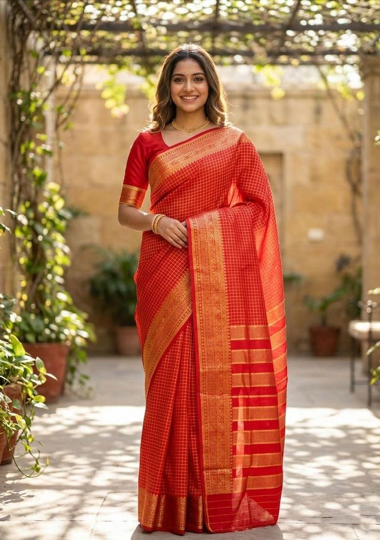 Red Zari Weaving Silk Saree Set - Indya