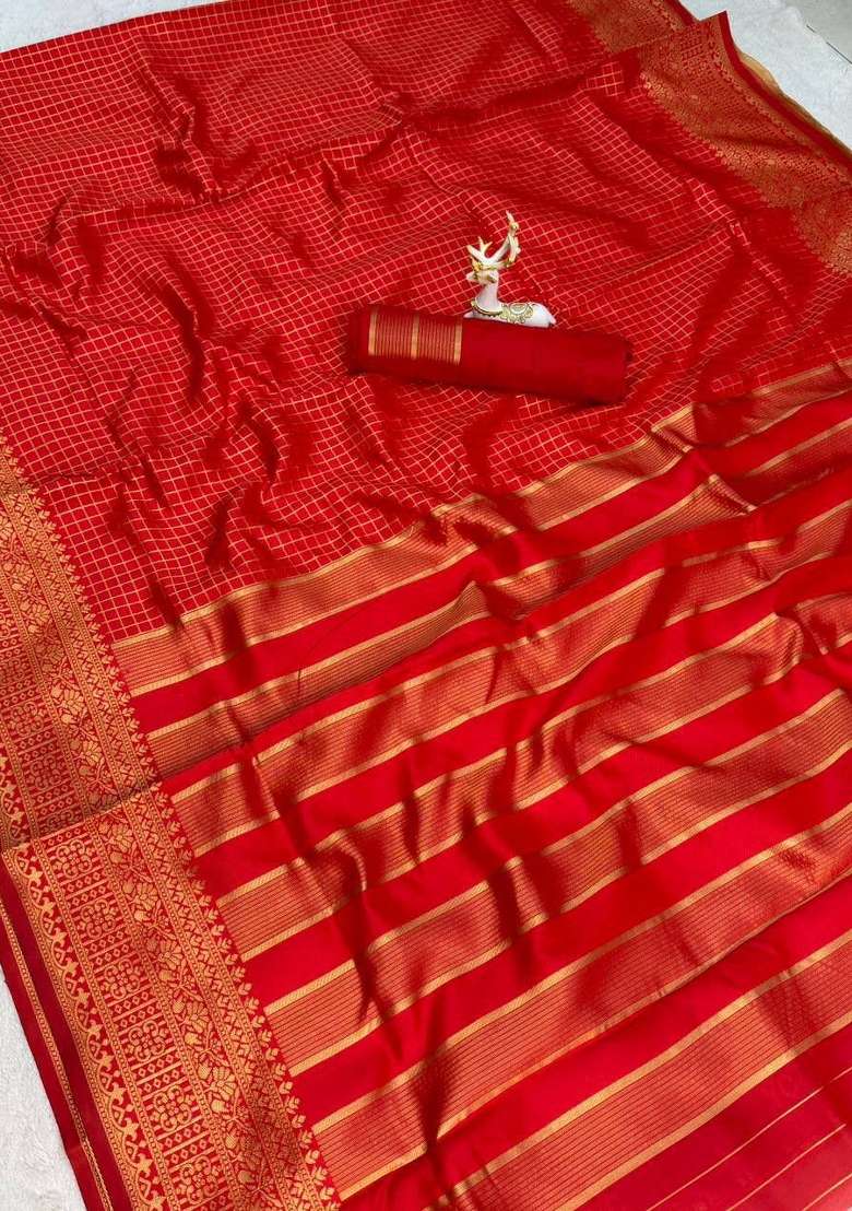 Red Zari Weaving Silk Saree Set for Diwali and Festive Wear - Indya