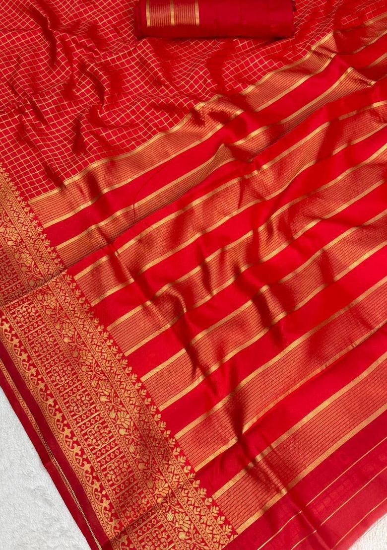 Red Zari Weaving Silk Saree Set - Indya