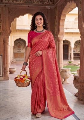 Pink Zari Weaving Silk Saree Set