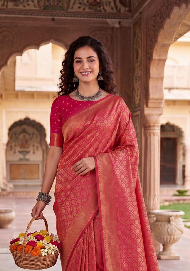 Pink Zari Weaving Silk Saree Set - Indya