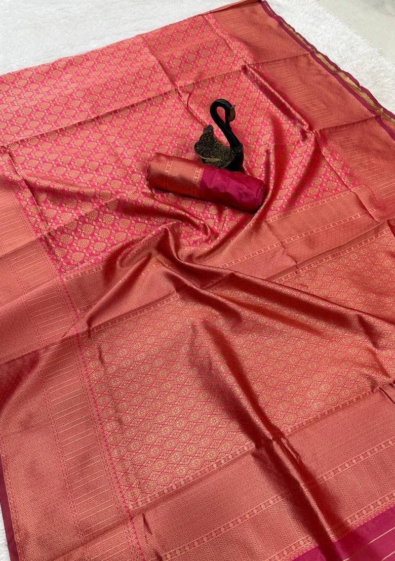 Pink Zari Weaving Silk Saree Set - Indya