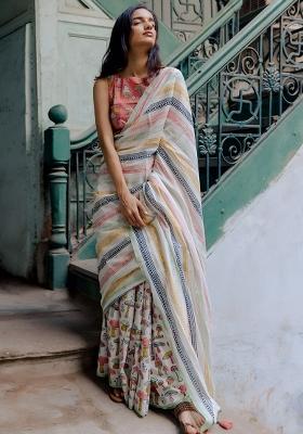 Multicolor Printed Linen Saree Set