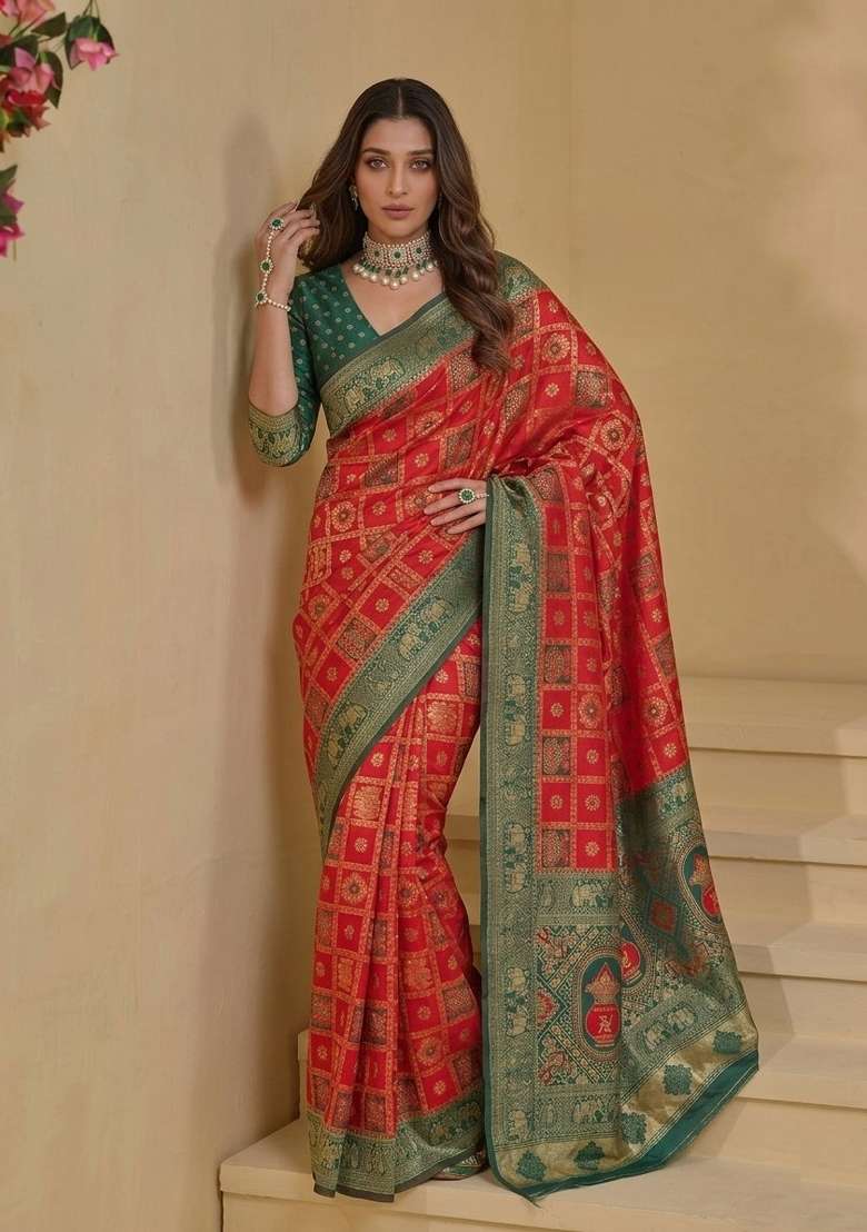 Red Zari Work Banarasi Saree Set for Diwali and Festive Wear - Indya