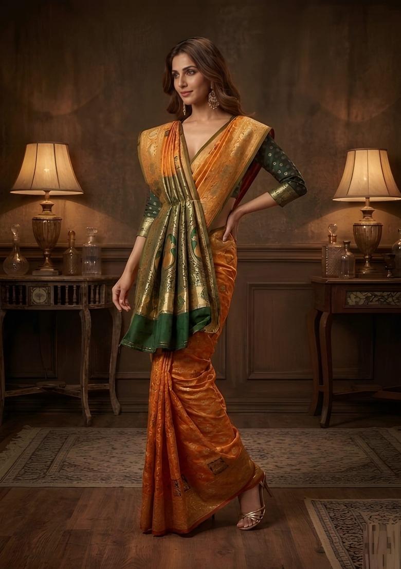 Mustard Zari Work Banarasi Saree Set - Indya