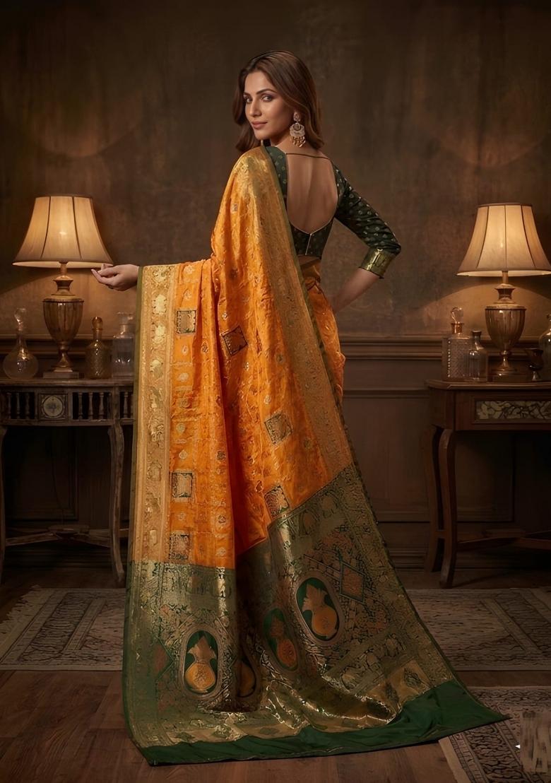 Mustard Zari Work Banarasi Saree Set - Indya