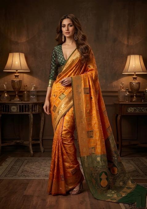 Mustard Zari Work Banarasi Saree Set