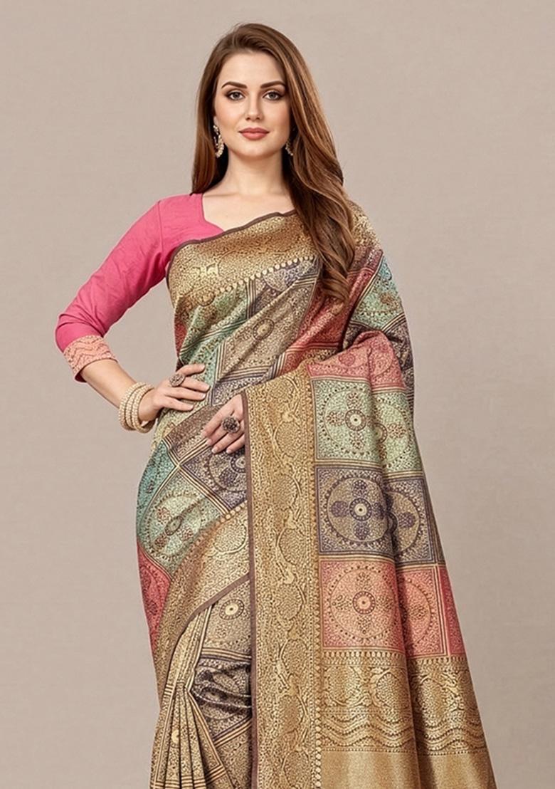 Golden Zari Weaving Silk Saree Set - Indya