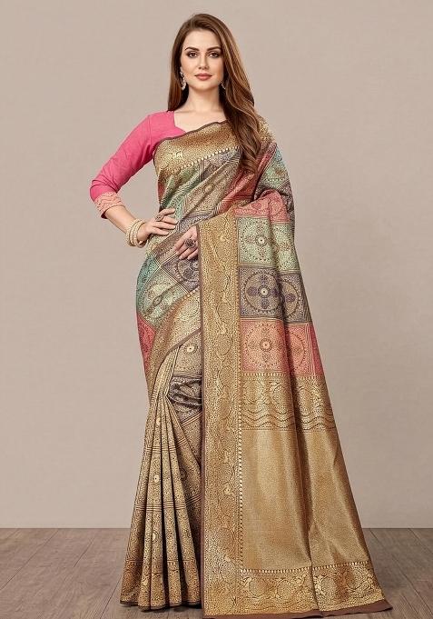 Golden Zari Weaving Silk Saree Set